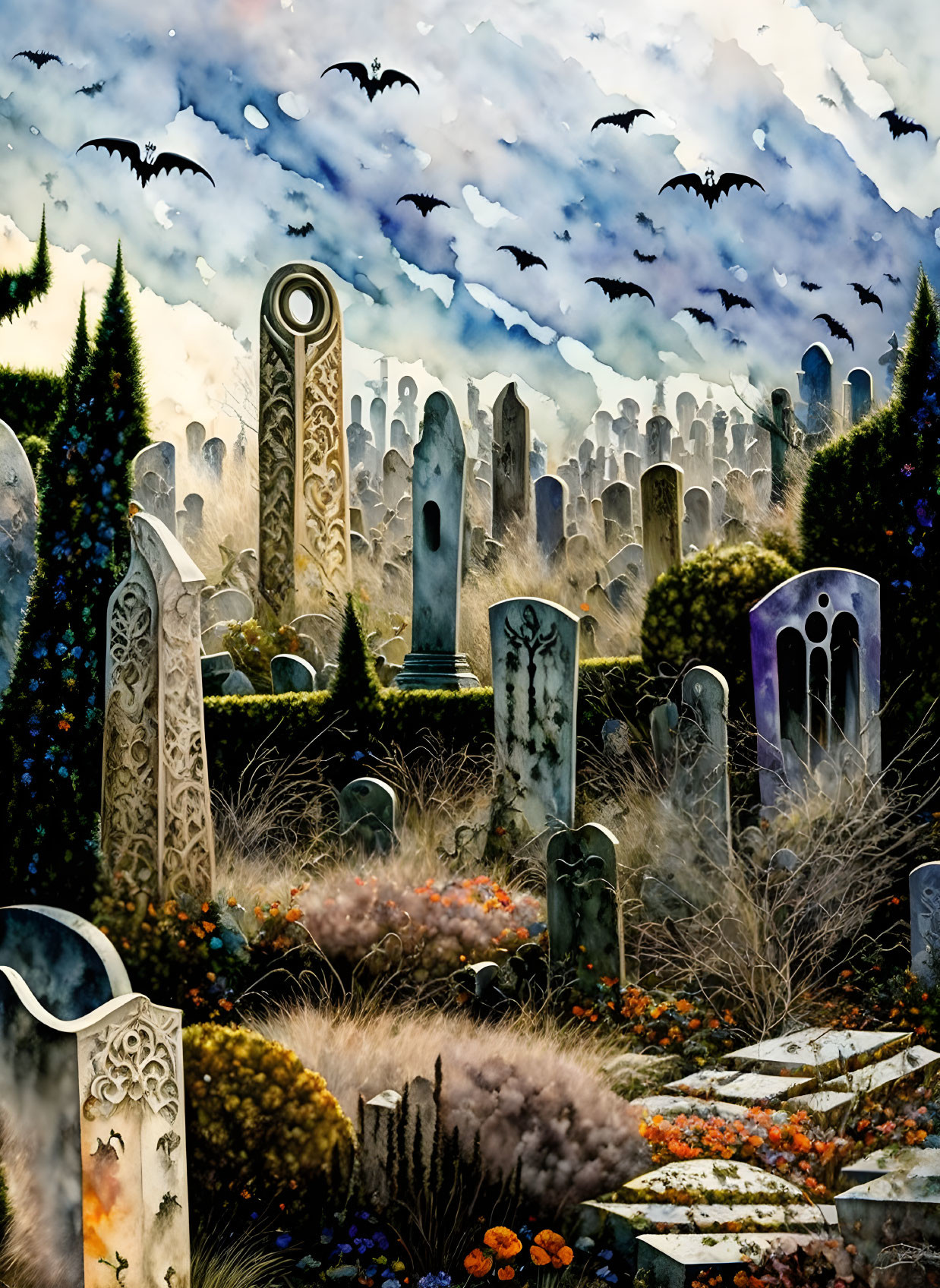 Colorful graveyard scene with ornate tombstones, bats, and lush vegetation