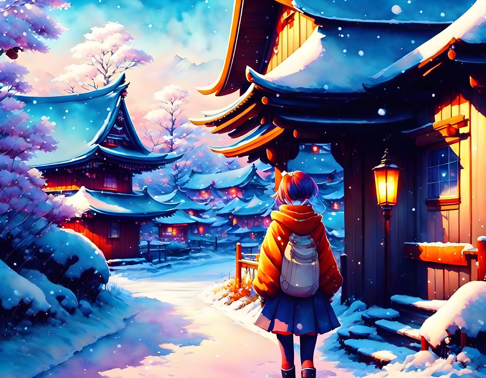 Person in winter school uniform with orange backpack in snowy Japanese village at twilight