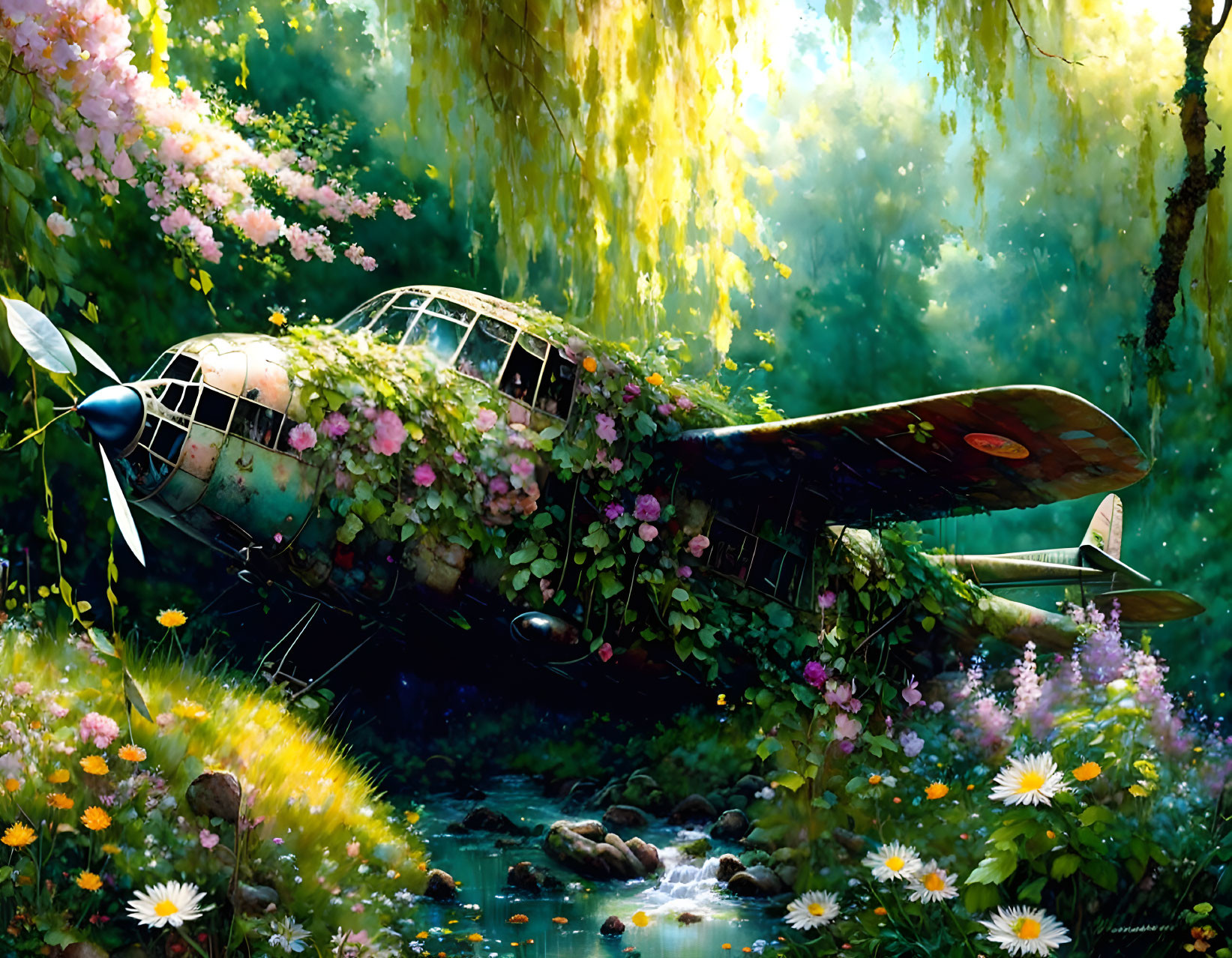 Vintage airplane overtaken by nature in forest clearing