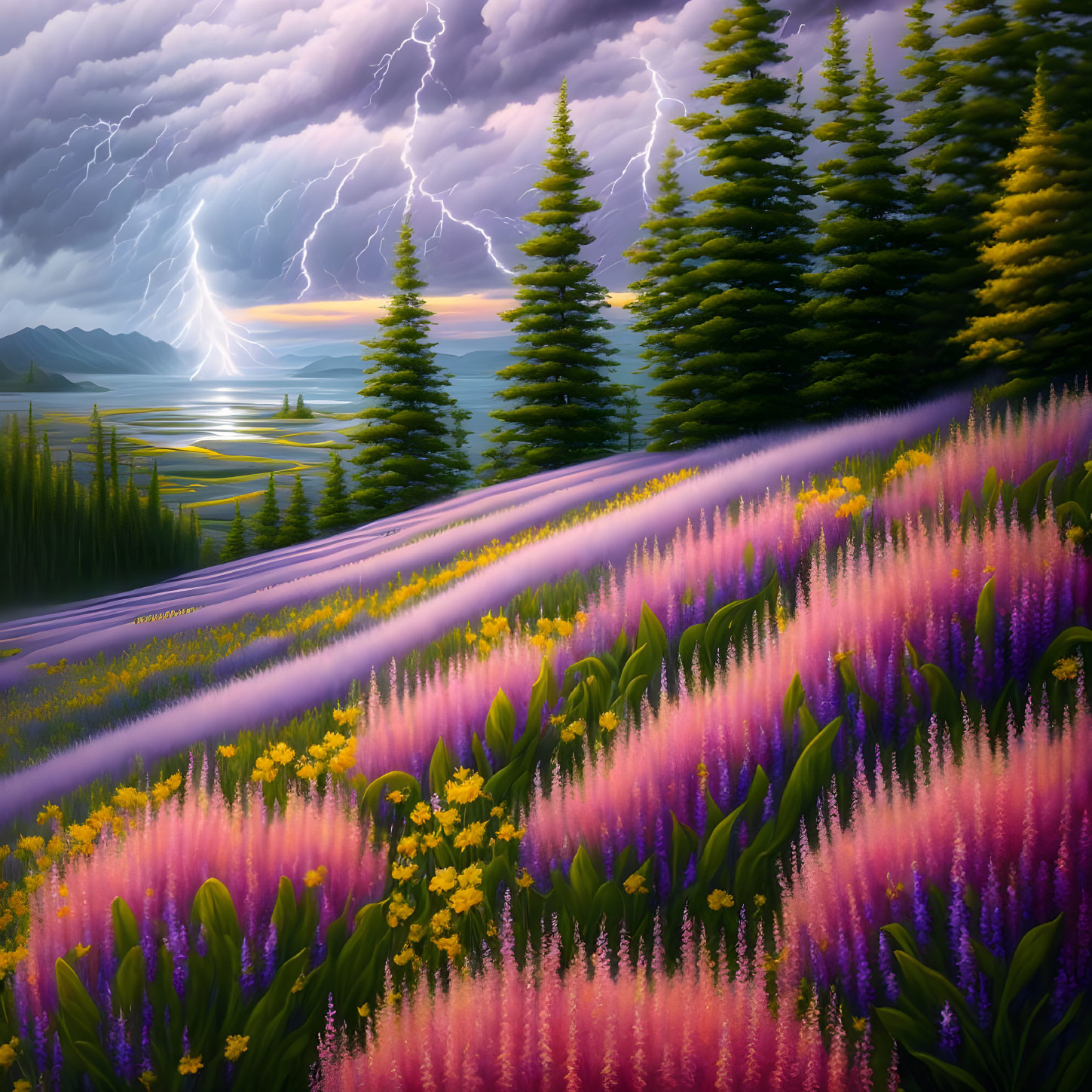 Scenic landscape: lightning storm over lake, pine trees, wildflowers