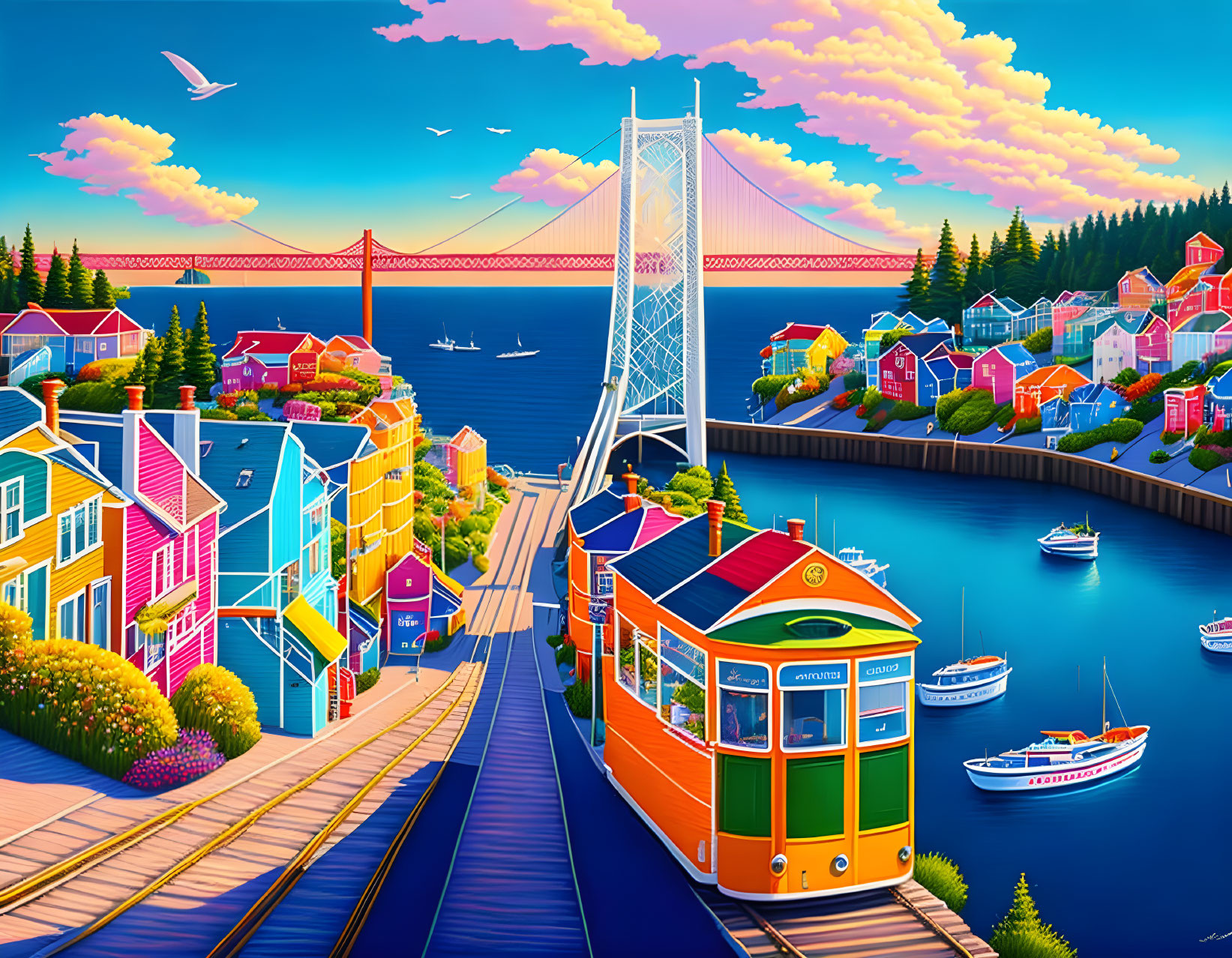 Colorful Coastal Town Illustration with Tram, Boats, and Bridge at Sunset