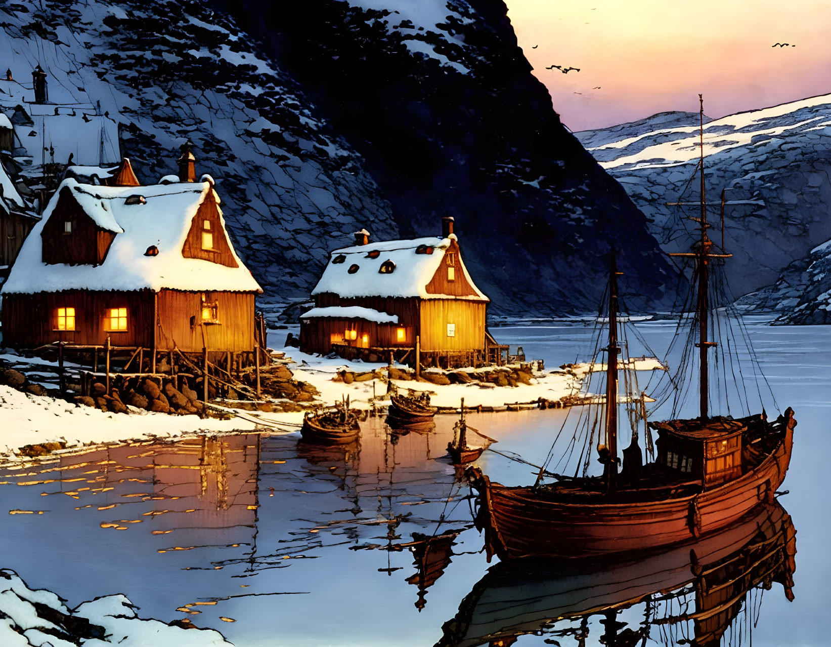 Winter scene: Wooden houses, boat, fjord, twilight sky.