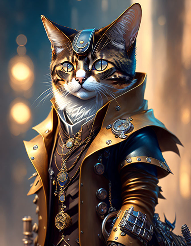 Regal cat in fantasy armor with cloak and jewelry on golden background.