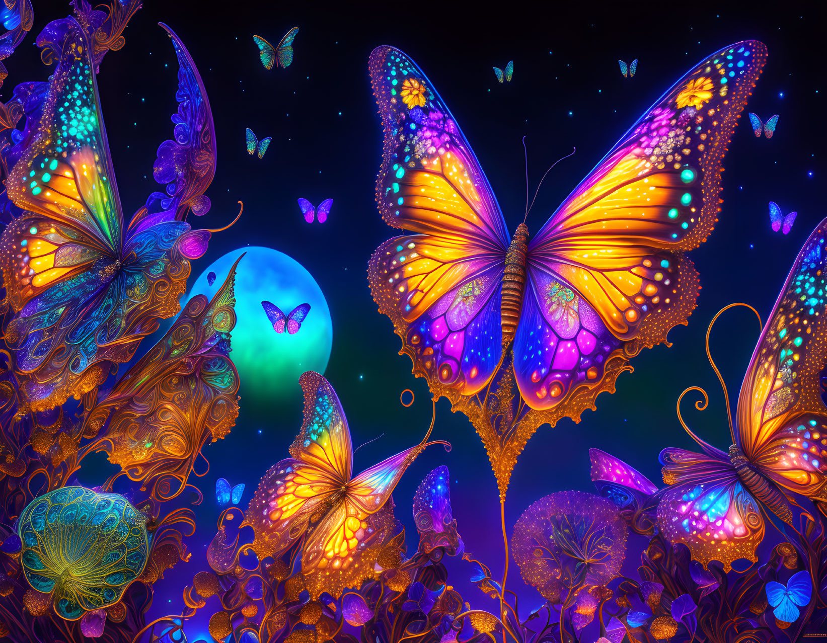 Colorful Butterflies and Plants in Night Sky with Glowing Moon