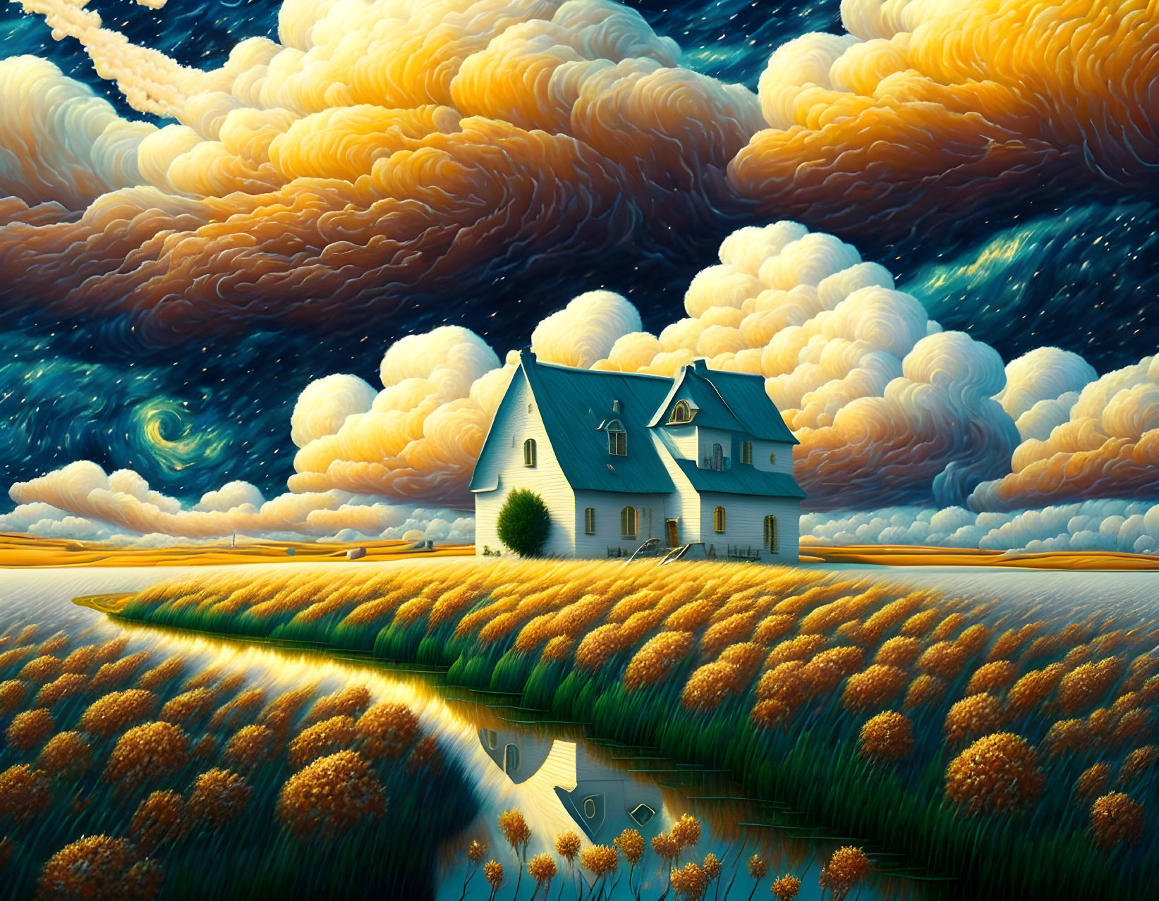 Surreal landscape with lone house, vibrant clouds, and swirling sky