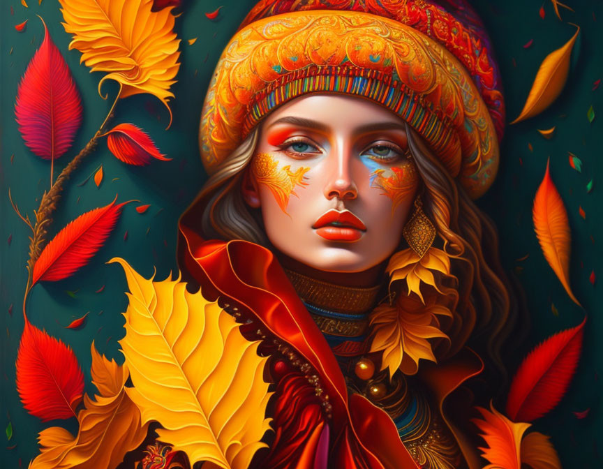 Colorful autumn-themed illustration of a woman in red and gold attire with leaf motifs and embroidered hat