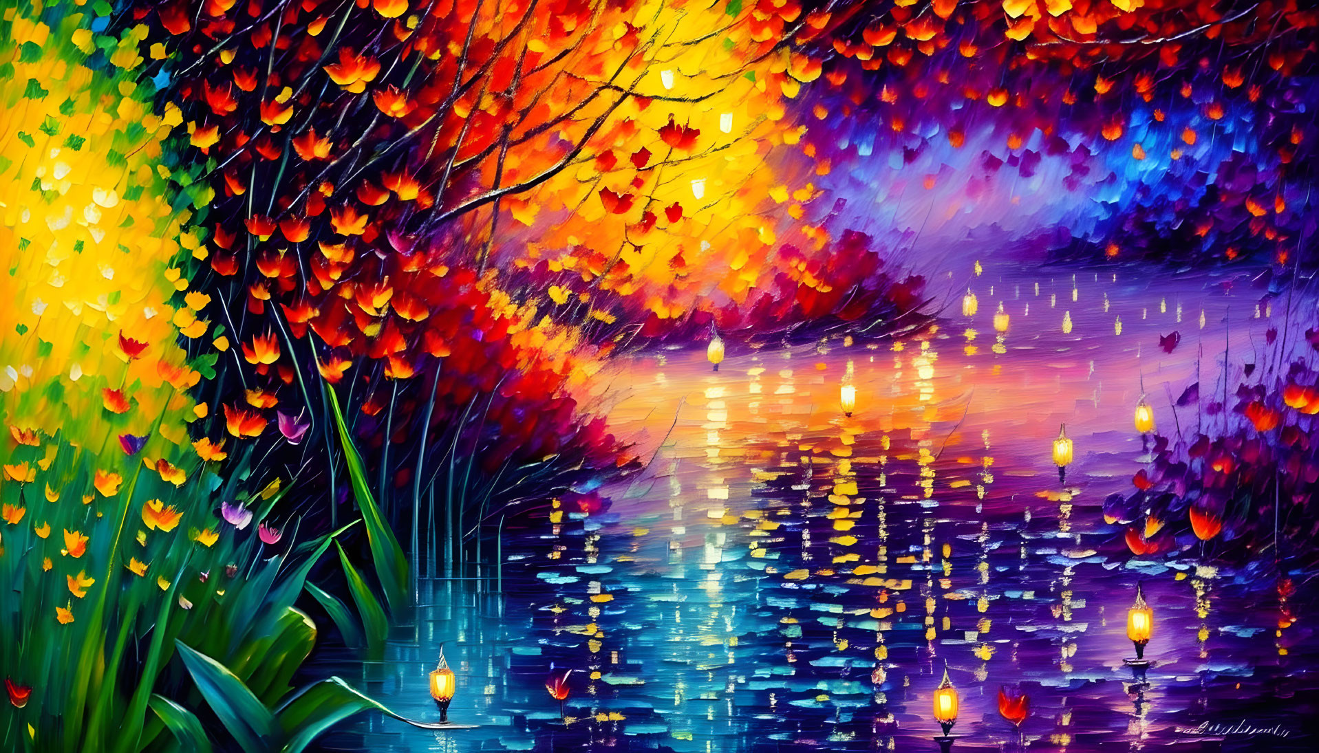 Colorful Impressionist-style painting of trees reflected on water with floating lights