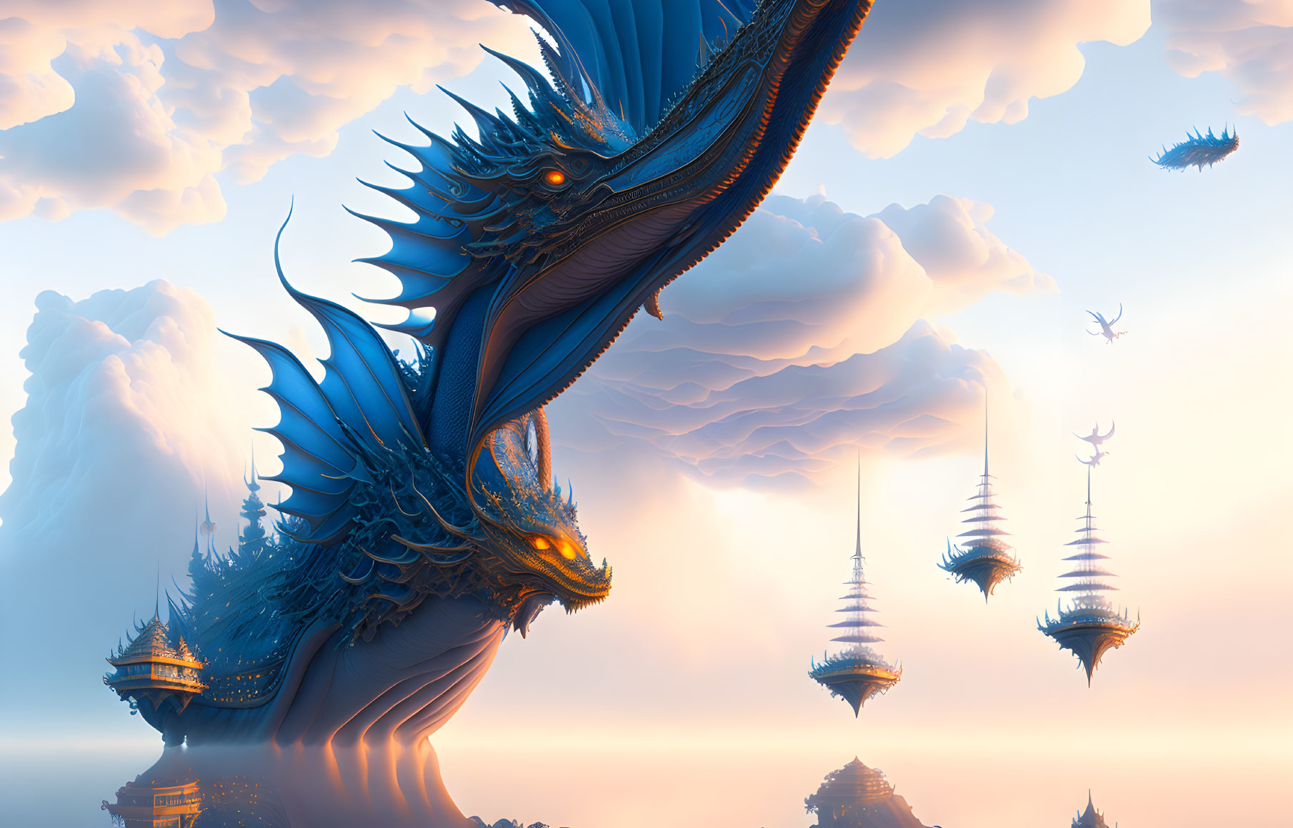 Blue dragon soaring over surreal sky with floating islands and structures