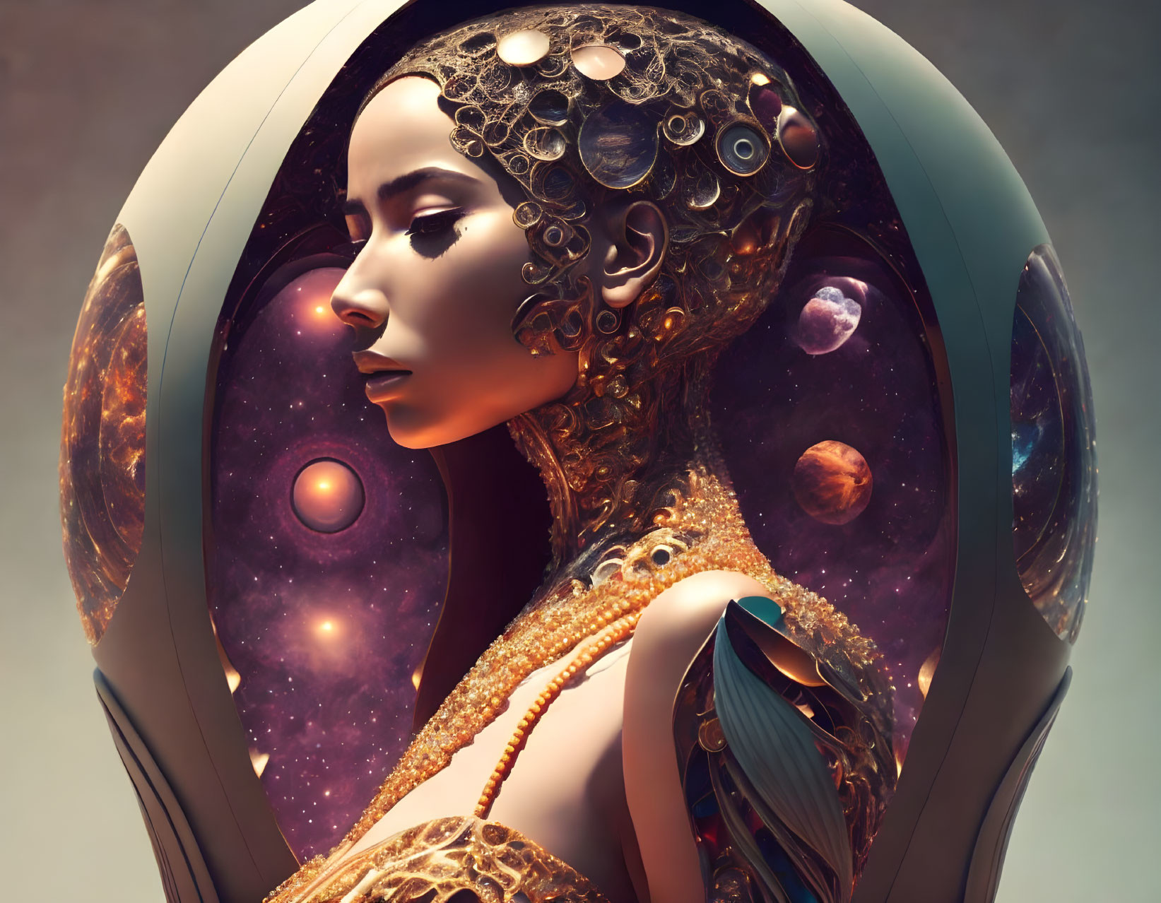 Ethereal woman in spherical helmet with cosmic motifs