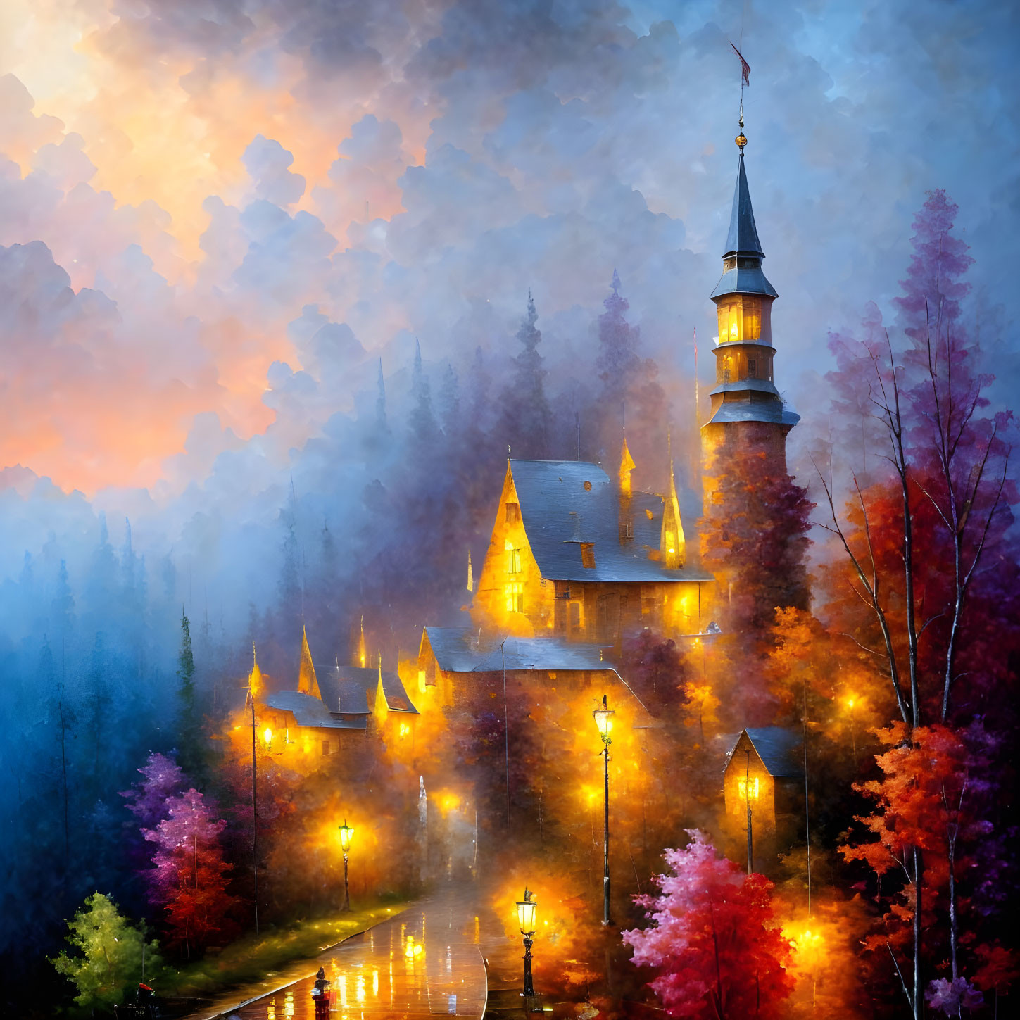 Fairytale castle in autumn setting with golden lights and misty ambiance