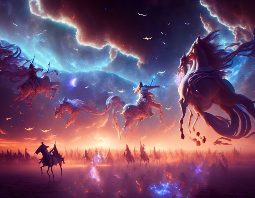 Vibrant orange sky with galloping horses and blue lightning