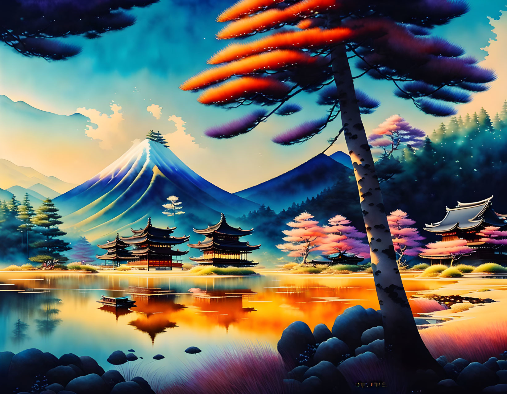 Serene landscape with Mount Fuji, pagodas, lake, pine trees & colorful sky