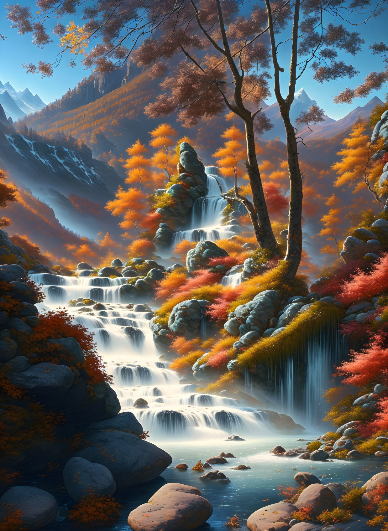 Vibrant autumn foliage and waterfall in mountainous landscape