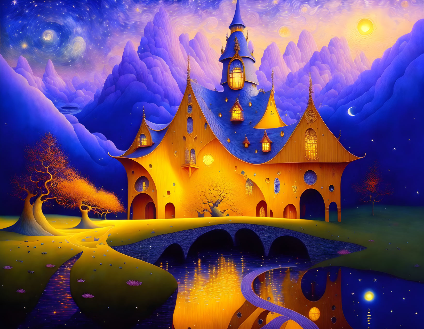 Whimsical Orange Castle in Vibrant Fantasy Landscape