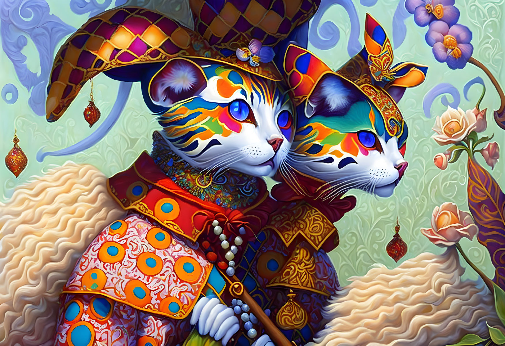 Colorful Cats in Floral Costumes on Whimsical Background