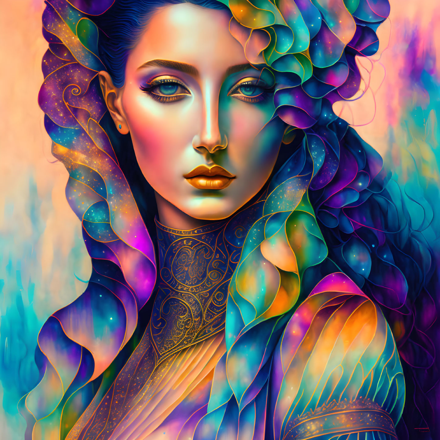 Colorful digital artwork: Woman with wavy hair and body art on cosmic background