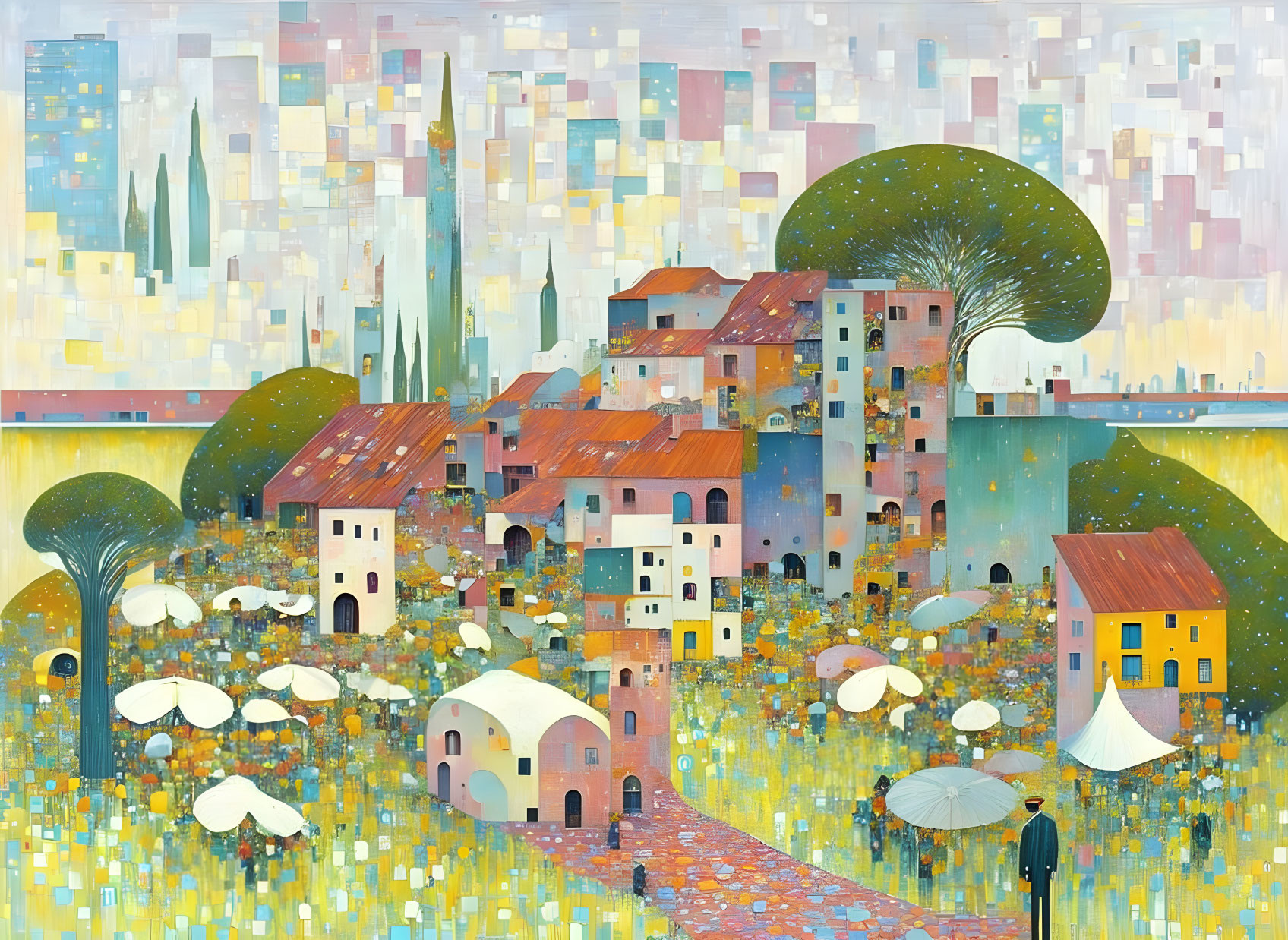 Vibrant painting of whimsical village with umbrella-like structures