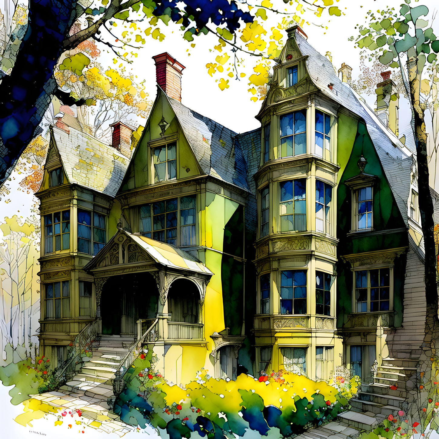 Victorian-style house illustration with autumn trees and intricate details