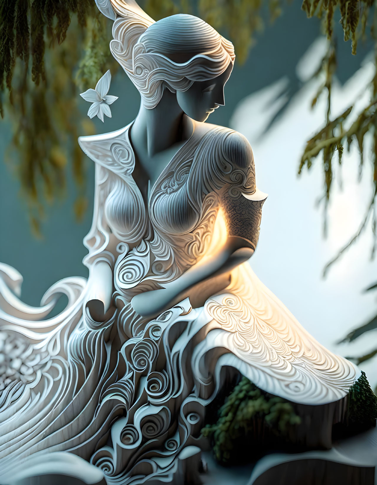 Stylized 3D illustration of serene female figure in nature setting