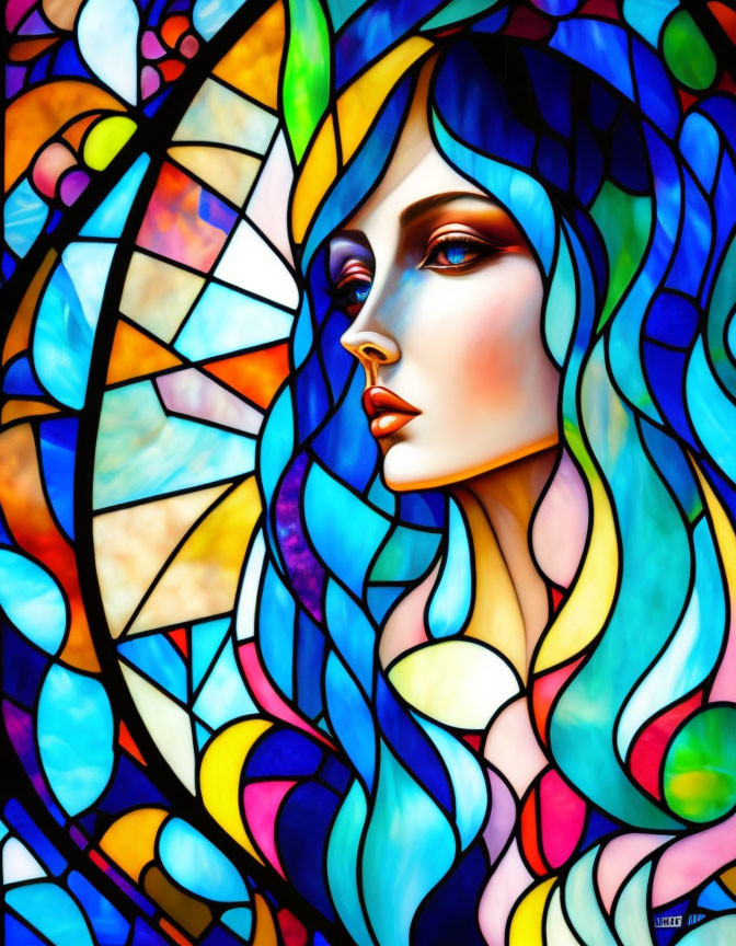 Colorful Stained Glass Style Woman Illustration with Flowing Hair