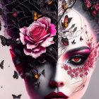 Vibrant woman's face with floral and butterfly motifs in purple and pink hues