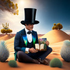 Dapper gentleman in top hat and bow tie reads in surreal desert scene