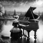 Surreal painting of woman in Victorian dress by grand piano on reflective water surface