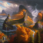 Dramatic mountain landscape with stormy skies and autumn trees