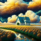 Surreal landscape with lone house, vibrant clouds, and swirling sky