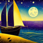 Colorful Stained Glass Style Sailing Boat Illustration on Ocean with Starlit Sky