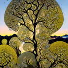 Colorful painting of stylized tree against celestial background