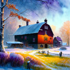 Snow-covered red barn in warm sunset light amid winter scene