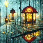 Twilight scene: mystical cobblestone street with glowing lanterns and reflections