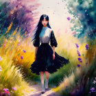 Girl in dark dress on sunlit path surrounded by vibrant wildflowers and butterflies.