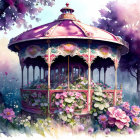 Colorful Vintage Gazebo Illustration Surrounded by Blooming Flowers