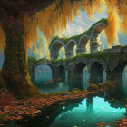 Stone bridge arches over river in autumn forest with orange foliage and serene pond