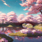 Colorful Cherry Blossom Landscape with River and Bridge