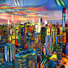 Colorful City Skyline Painting with Exaggerated Features and Swirling Sky Patterns