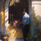 Man standing by sunlit arched doorway with vibrant flowers and foliage.