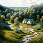 Tranquil landscape with house by stream, forests, mountains