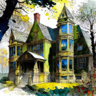 Victorian-style house illustration with autumn trees and intricate details