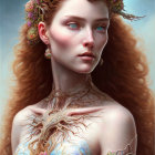 Fantasy portrait of woman with red curly hair and floral crown