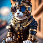 Regal cat in fantasy armor with cloak and jewelry on golden background.