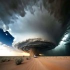 Giant supercell storm over serene desert landscape