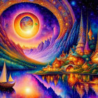 Fantastical landscape with starry sky, celestial bodies, whimsical houses, and sailboat.