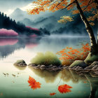 Tranquil autumn lake scene with mountains and foliage