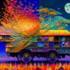 Surreal artwork: wheeled house, fiery trees, night sky