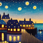 Coastal village under starry night with moon, boat, and glowing orbs