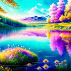 Colorful landscape: Serene lake, pink & purple trees, distant mountains, blue sky