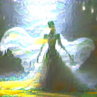 Illustration of woman in flowing dress merging with dreamlike landscape.